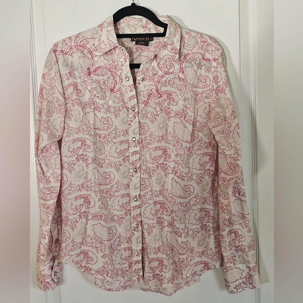 Ariat  Womens Pink and White Casual Button Down Shirt Size M
